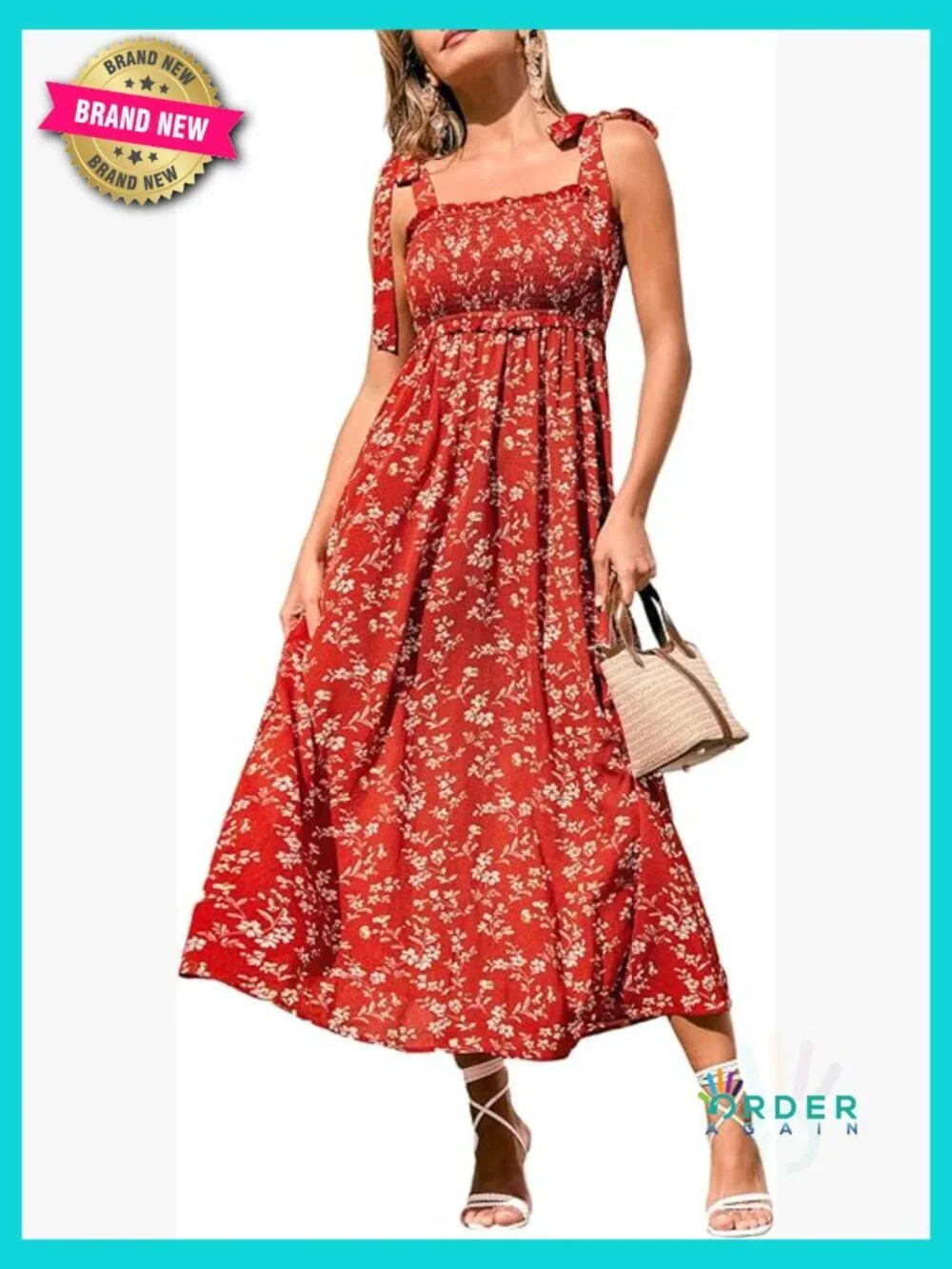 Women's Sleeveless Smocked Midi Sundress Flowy A-Line Casual Beach Summer Dress